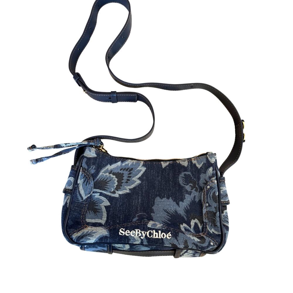 See By Chloé | Denim Floral Jacquard Print Shoulder Hobo Bag Adjustable